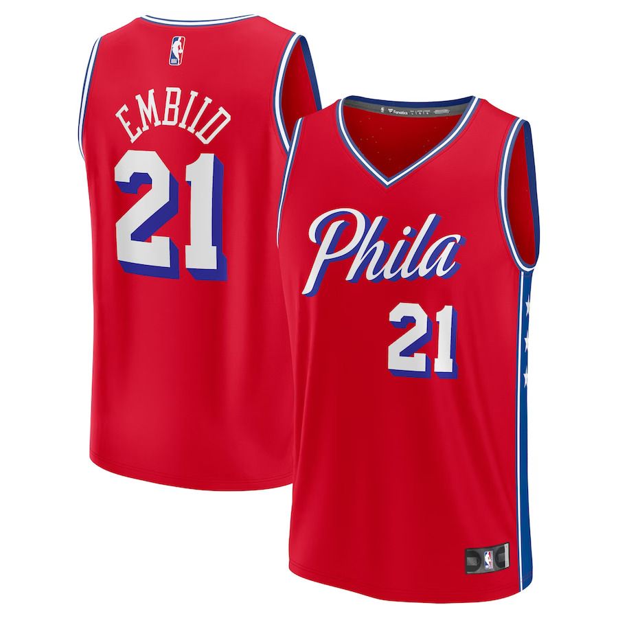 Men Philadelphia 76ers 21 Joel Embiid Fanatics Branded Red 2022-23 Fast Break Replica Player NBA Jersey